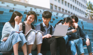 Students sitting on stair and discussing