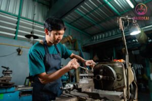 Asian worker repairing a machine in a workshop